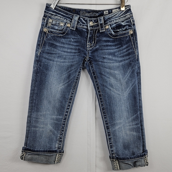 Miss Me angel wing rhinestone bling sewn folded capri jeans JE5436P3 size 26 - Picture 2 of 13